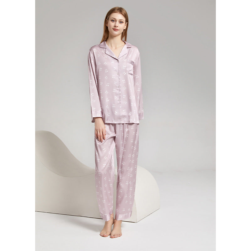Ensemble de pyjama en soie glacée imprimé cerises décontracté pour femmes