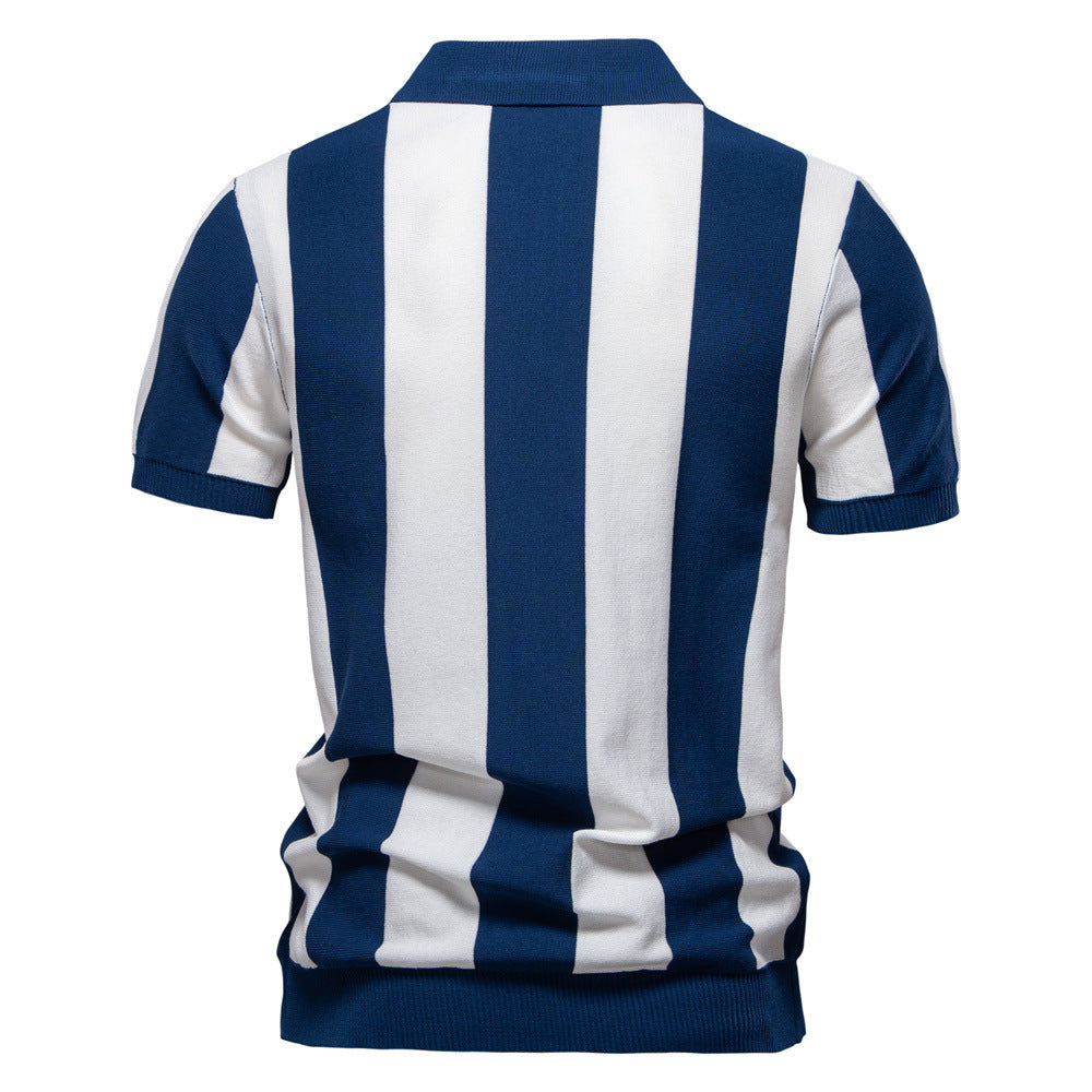 Men's Short-Sleeve Woolen Lapel Polo Shirt with Stripes