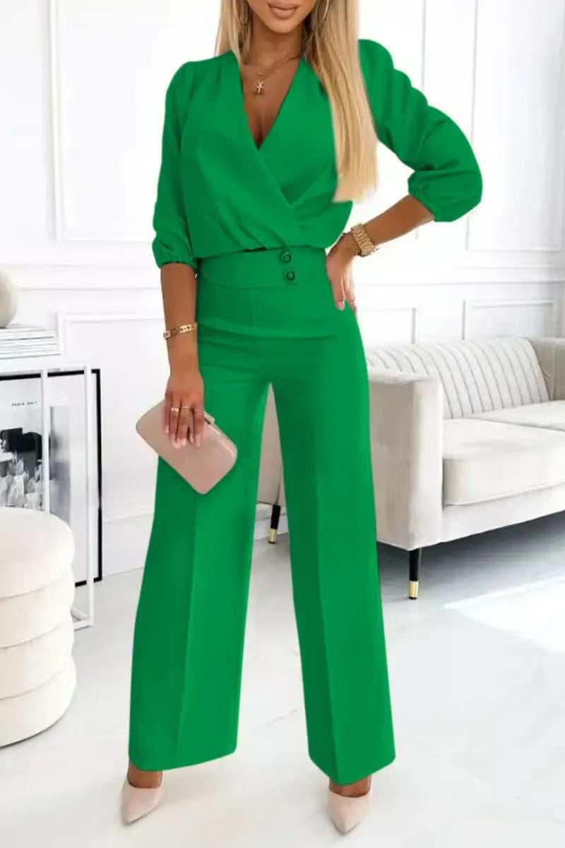 Women's Solid Color And V-neck Two-button 2-piece Trousers Suit