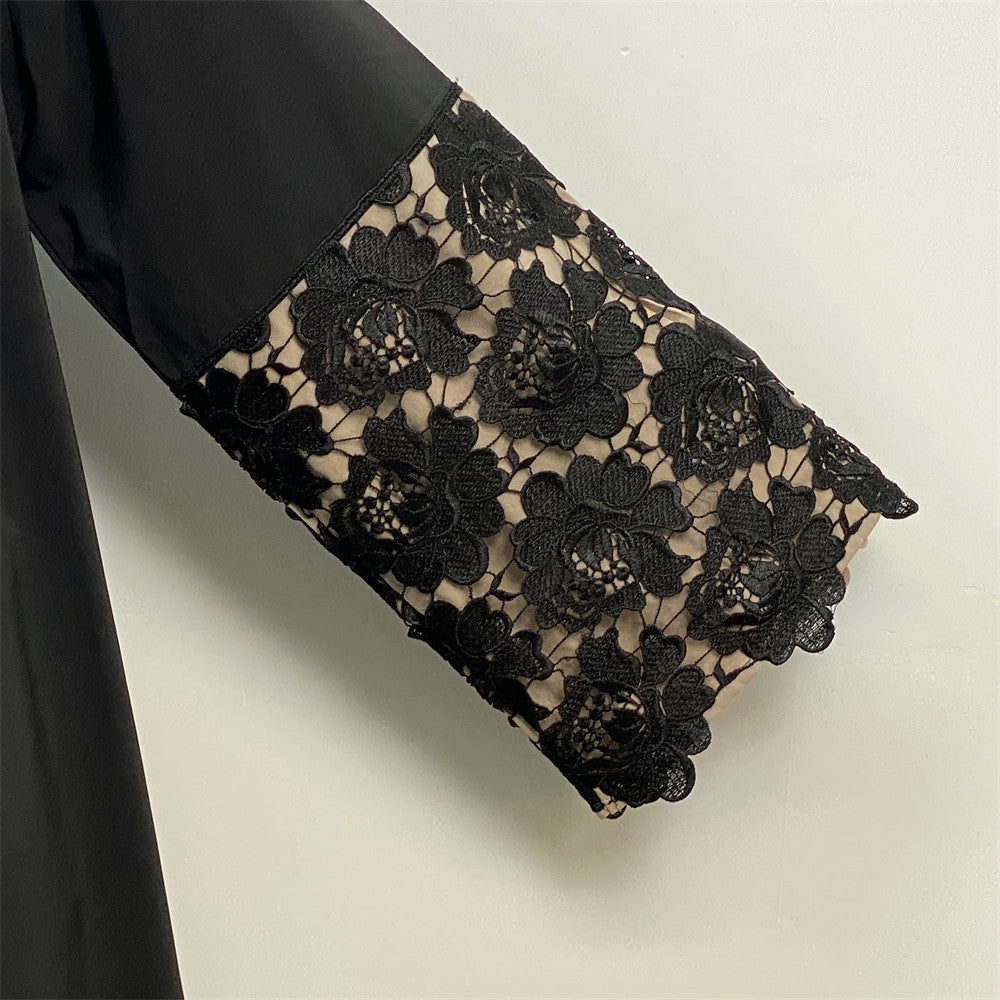Plus Size Black Lace Cuffs Patchwork Long Sleeve Lace-Up Cardigan Robe for Women
