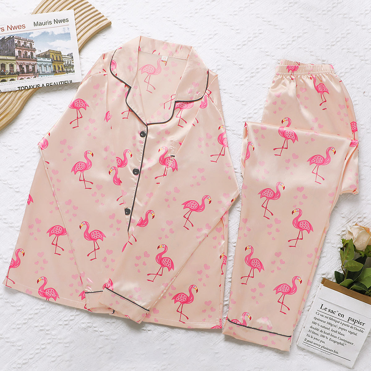 Women’s Sweet Luxury 5050 Artificial Silk Lapel Long Sleeve Pajama Set with Trousers