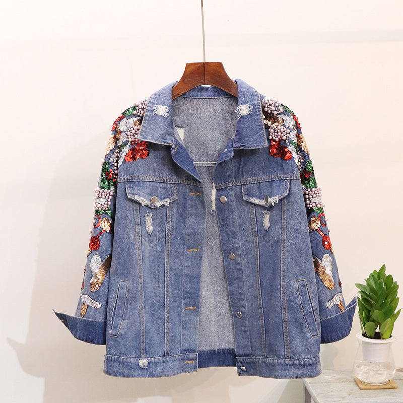 Loose Slimming Denim Jacket Women Embroidered Beaded Sequins Heavy Industry Blue