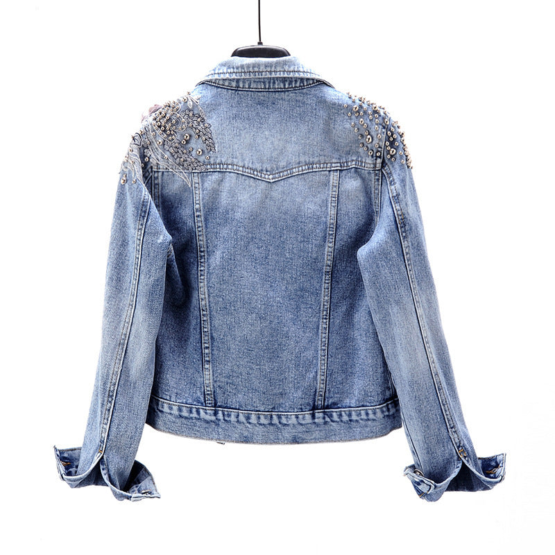 Heavy Industry Beaded Flowers Long-sleeved Denim Jacket