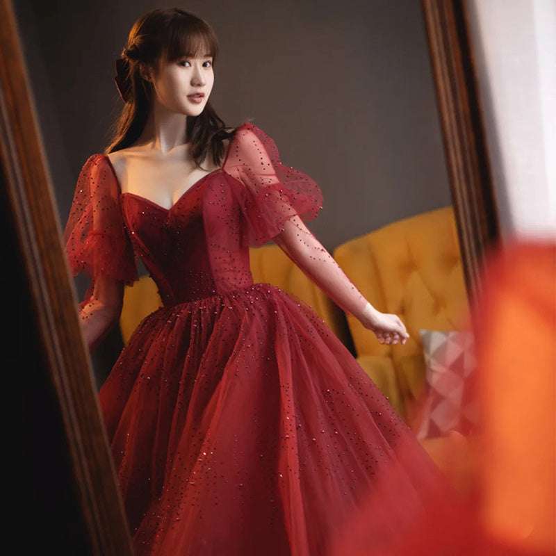 Wine Red Long Sleeve Bubble Sleeve Banquet Dress for Women