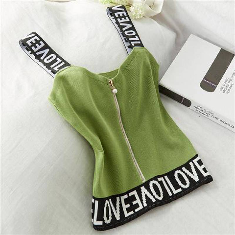 Short English Letter Knit Halter Pearl Zipper Small Vest
