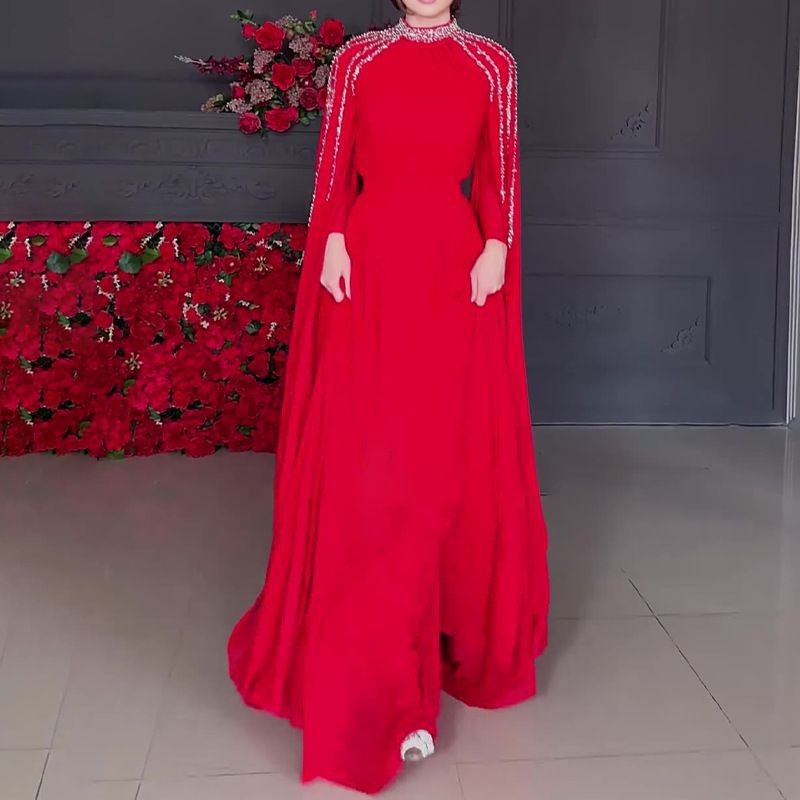 Robe longue de princesse arabe à col montant et manches longues, ornée de strass, disponible en noir, rouge et rose