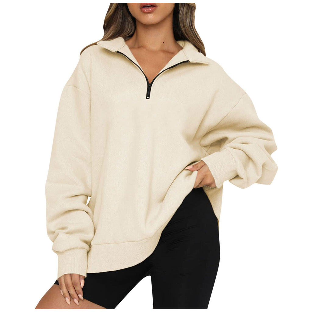 Sweat-shirt zippé femme à col rabattu – Haut pull ample et décontracté