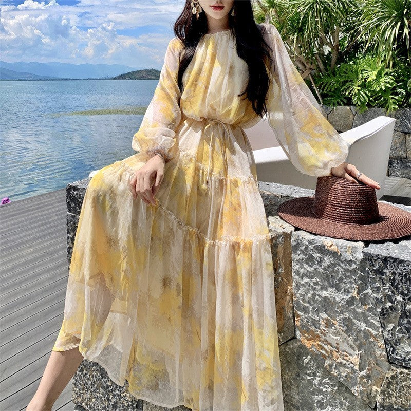 Robe trapèze en mousseline fleurie à la française pour femme