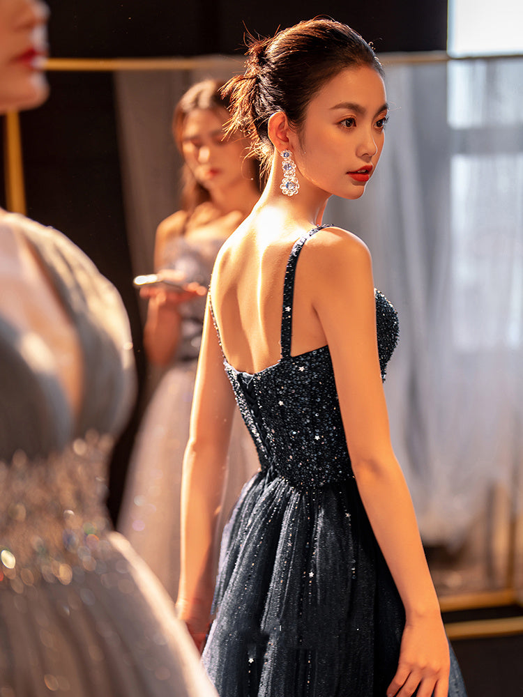 Robe Sexy Bleue Étoilée Taille Haute avec Col V Profond pour Femme