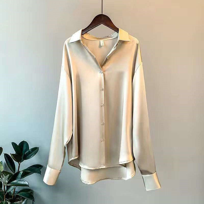 Women's Long-Sleeve Satin Shirt in Pearly White, Green, Apricot & Black