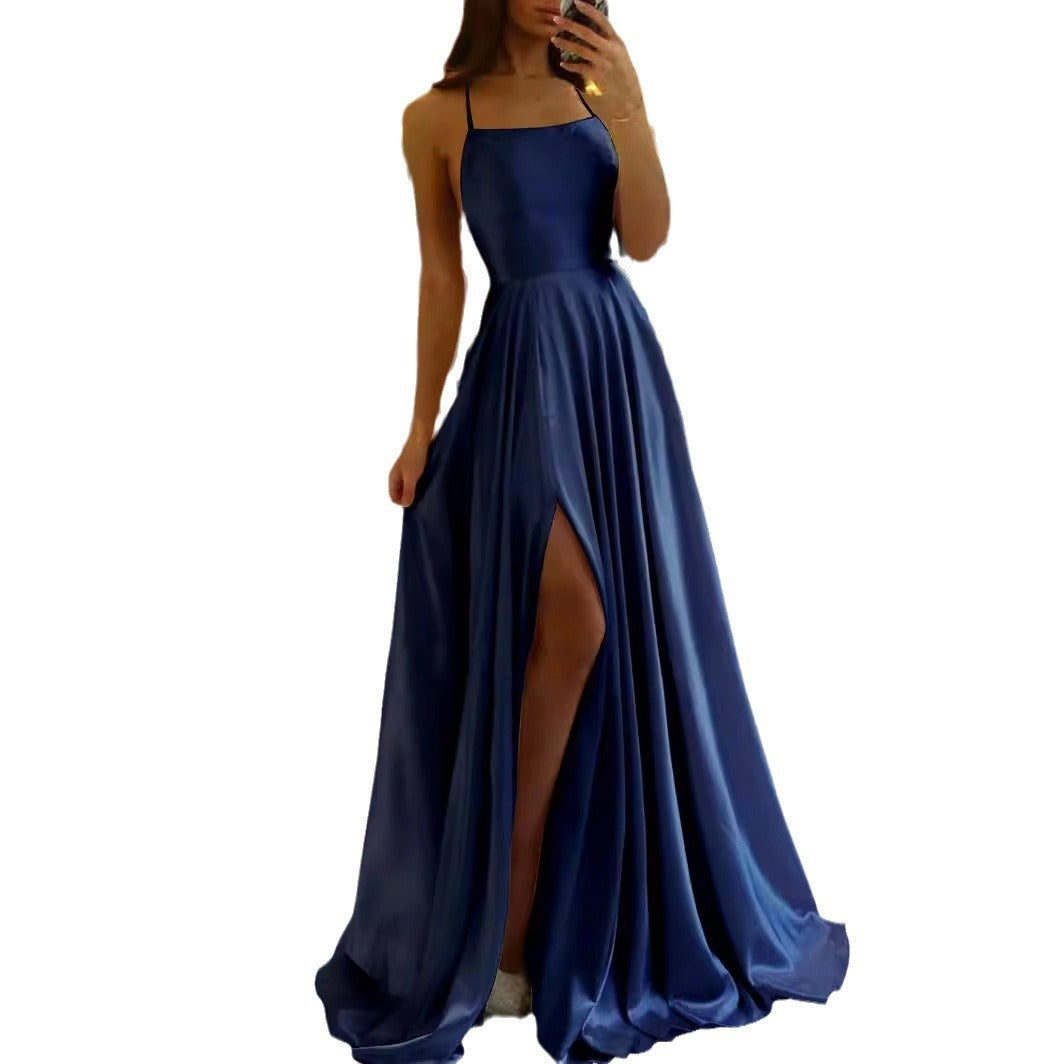 Long Slim Strap Backless Dress with High Slit for Dance and Hosting