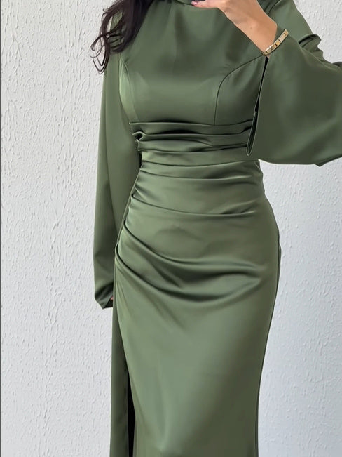 Solid Pleated Long-Sleeve Maxi Dress Polyester