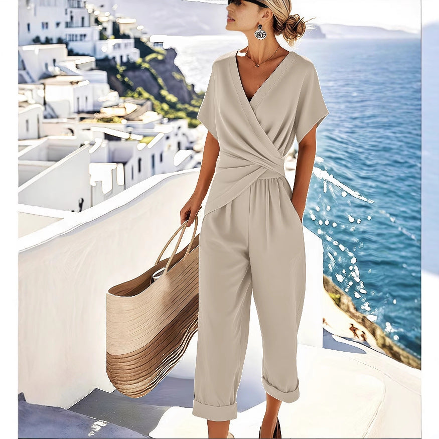 Women's Two-Piece Summer Suit Set Solid Color Irregular Short Sleeve