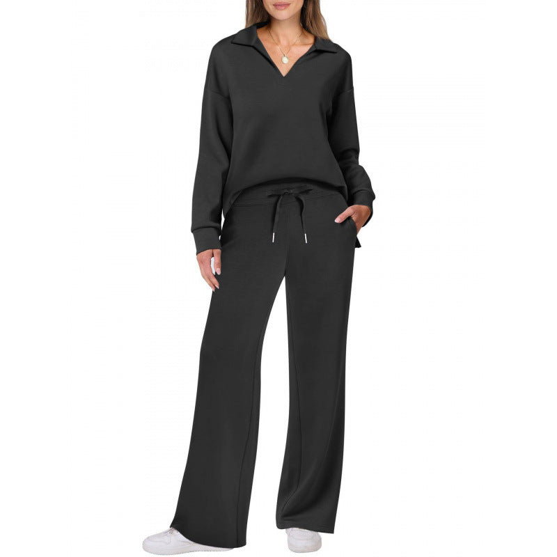 Women's V-Neck Tracksuit Set Long Sleeve Pullover & Drawstring Straight-Leg Trousers Solid Colors