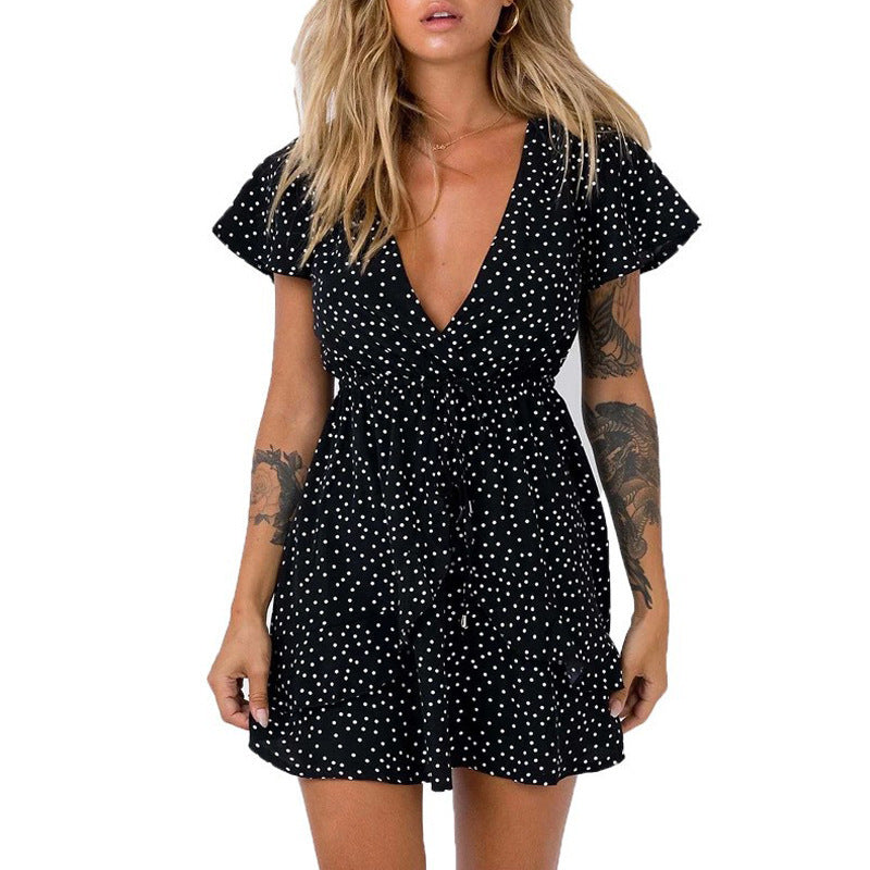 V-Neck Black Polka Dot Slimming Dress with Wide Waist
