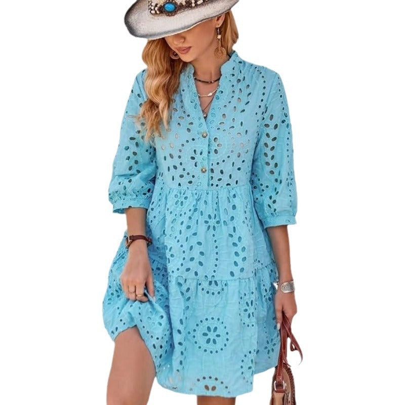 Women's Solid Color Button Dress in Lace Fabric