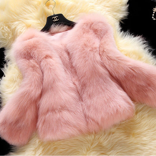Women's Short Artificial Fur Coat With Fox Fur Trim