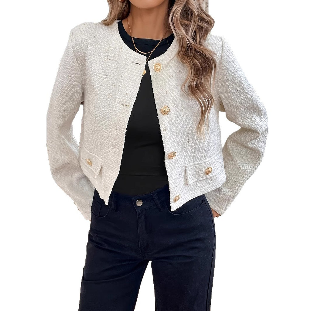 Milky White O-Neck Slim Wool Coat for Women