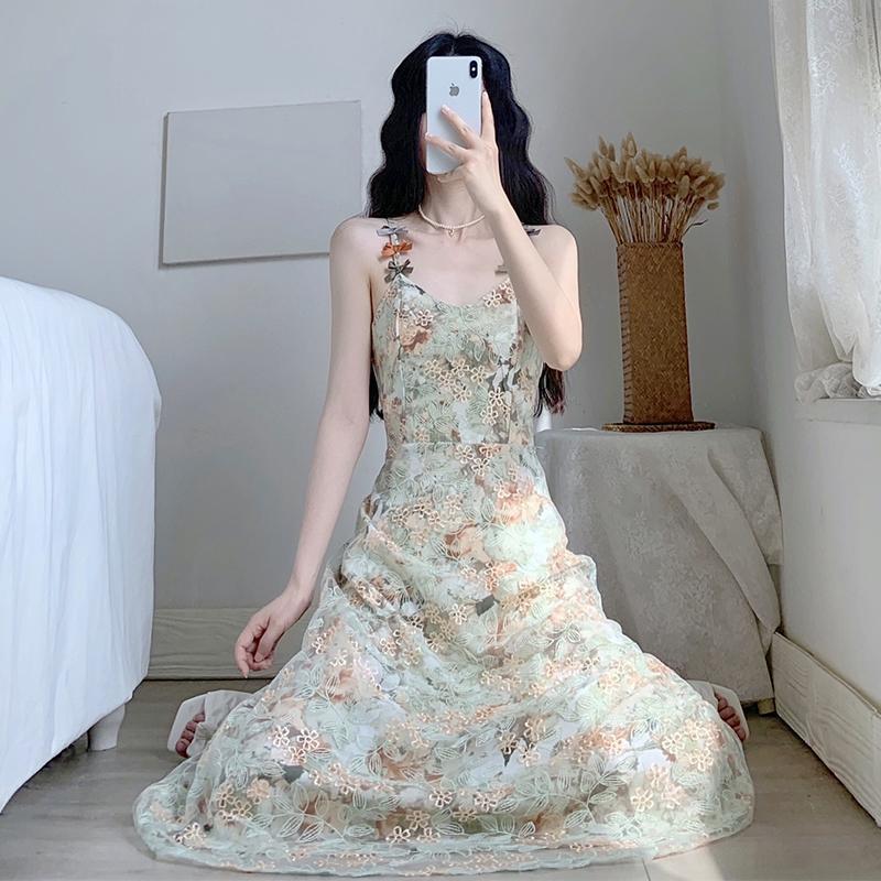French Retro Green Lace Spaghetti Strap Dress Summer