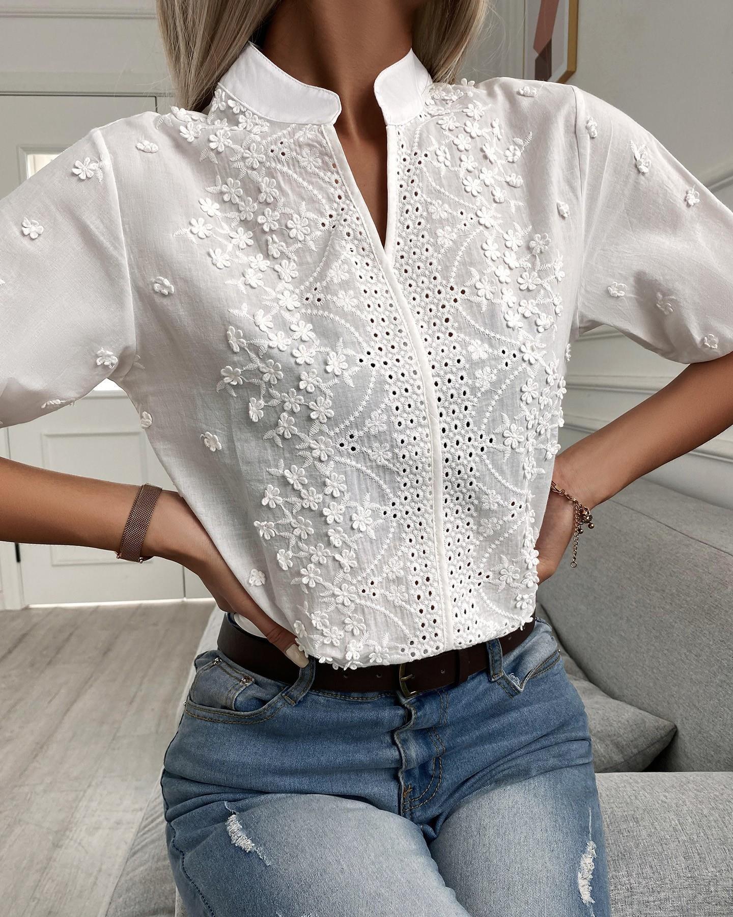 Women's V-Neck Stand Collar Embroidered Lace Blouse Shirt White Polyester