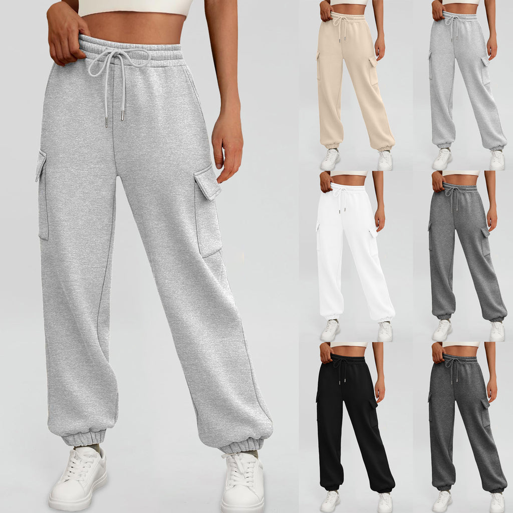 High Waist Casual Straight-Leg Pants with Side Pockets and Elastic Waistband