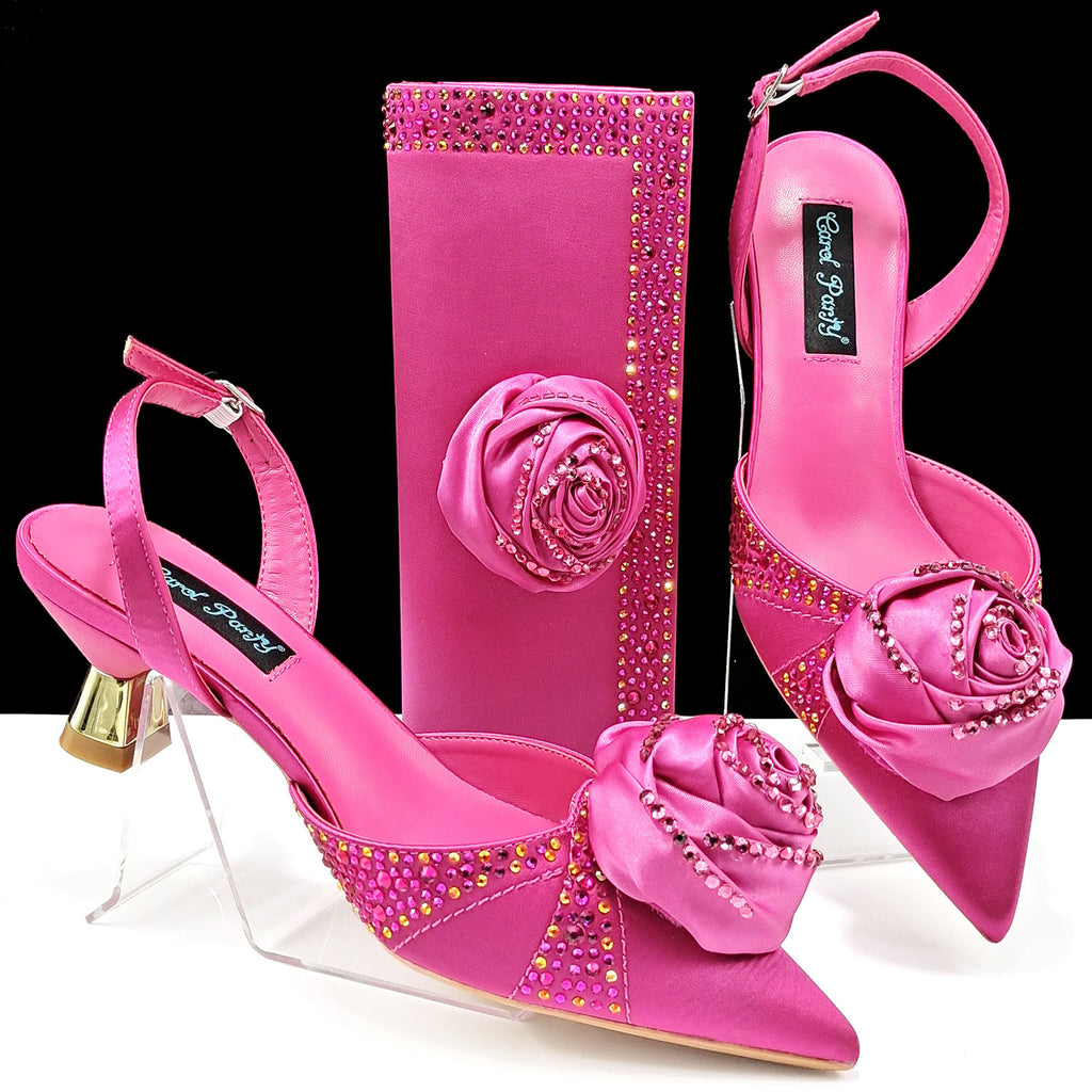 Handmade Satin High Heels & Bags Set with Flower Decoration