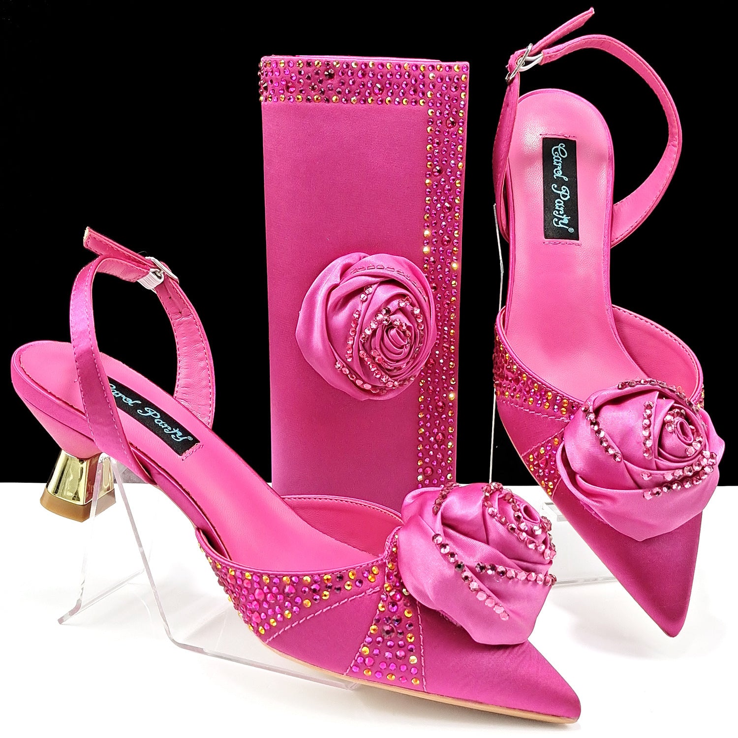 Handmade Satin High Heels & Bags Set with Flower Decoration