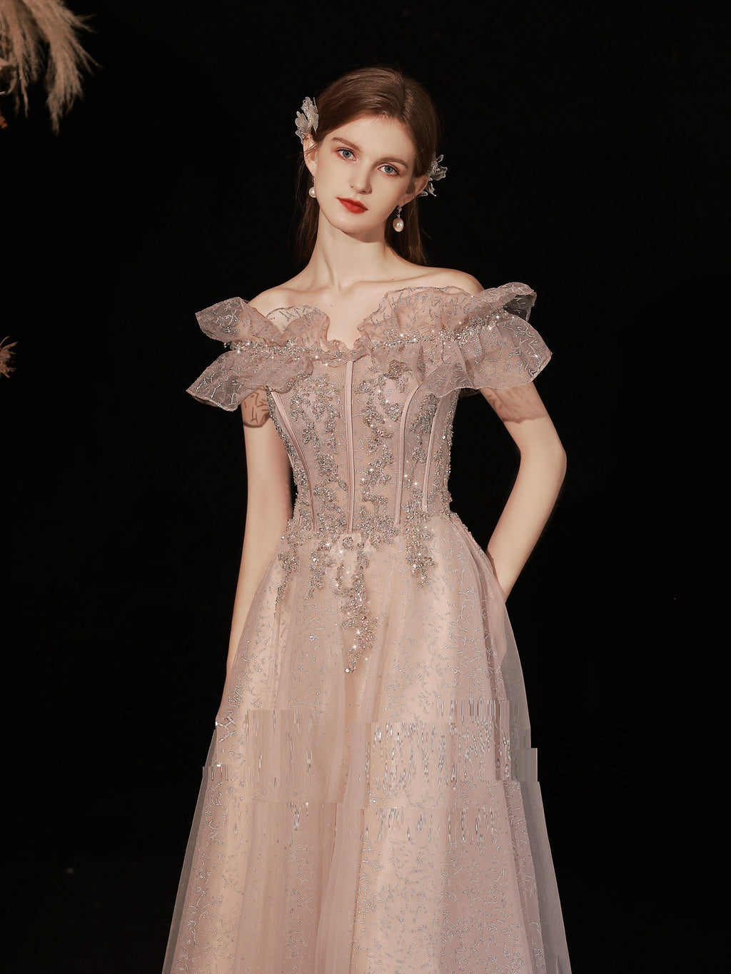 Women's Off Shoulder Pink Dinner Dress with Straps