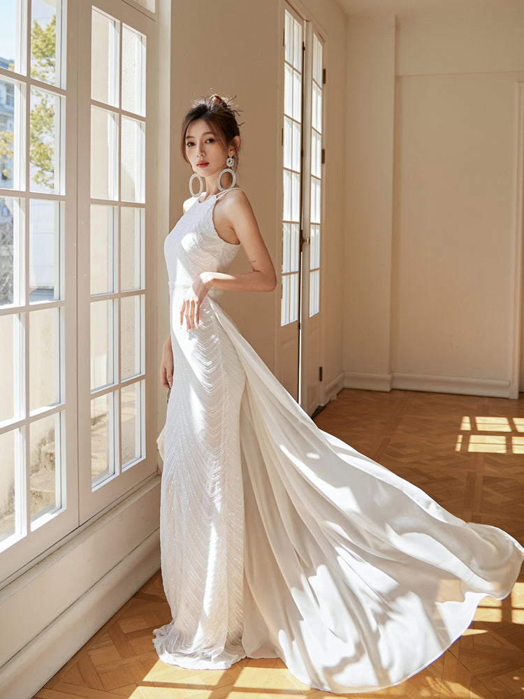 Robe Fourreau Blanche à Paillettes et Nœud Élégante Haut de Gamme