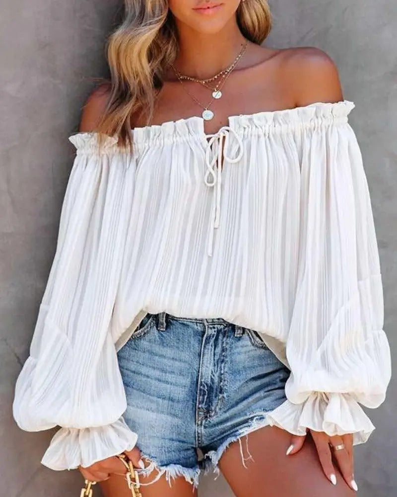 Off-Shoulder Elastic Pullover Top with Lantern Sleeves
