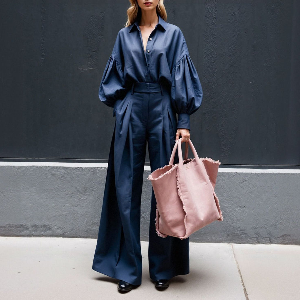 Cotton Linen Two-Piece Suit Long-Sleeve Shirt & Wide-Leg Pants