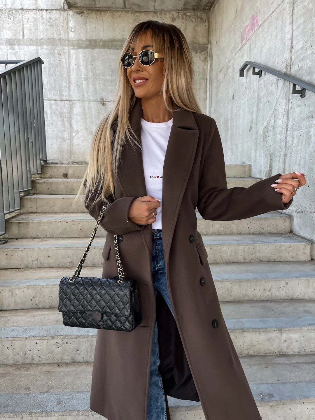 Double-Breasted Lapel Belted Long Sleeve Winter Jacket for Women