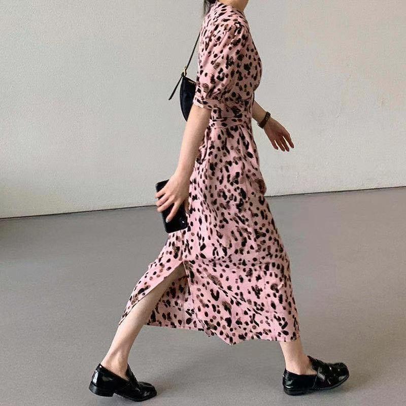 Leopard Print Puff Sleeve Dress Summer New Round Neck Lace-up Waist-controlled Slimming Temperament Split Long Dress