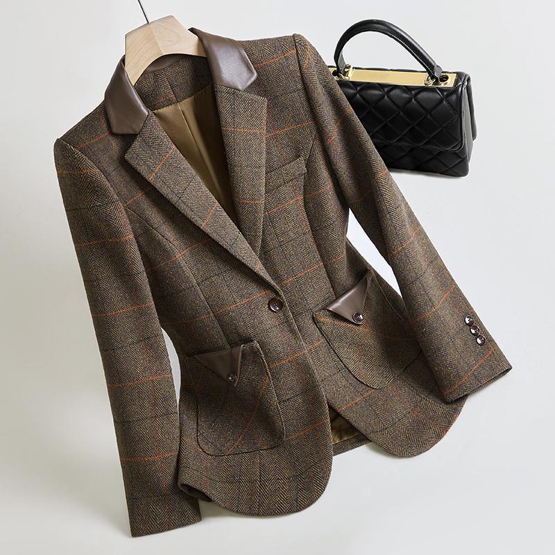 Slim Fit Brown Woolen Plaid Coat for Women
