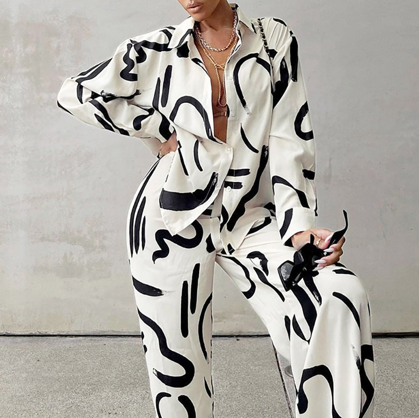 Ensemble chemise imprimée noir et blanc à manches longues et pantalon taille haute à jambes larges