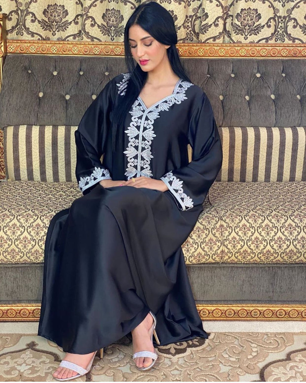 Dubai Embroidery Bronzing Lace Jalabiya Dress with Belt in Multiple Colors and Sizes