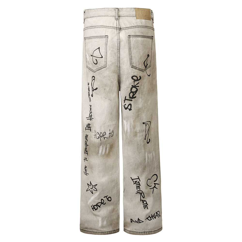 Hand-Painted Graffiti Print Jeans for Men in Light Gray & Washed Blue