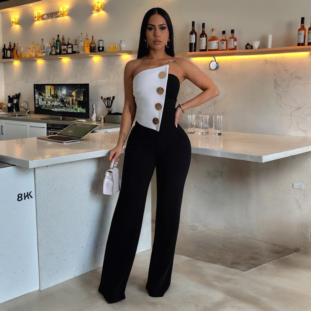 Women's Black and White Sleeveless Button Jumpsuit Mid Waist