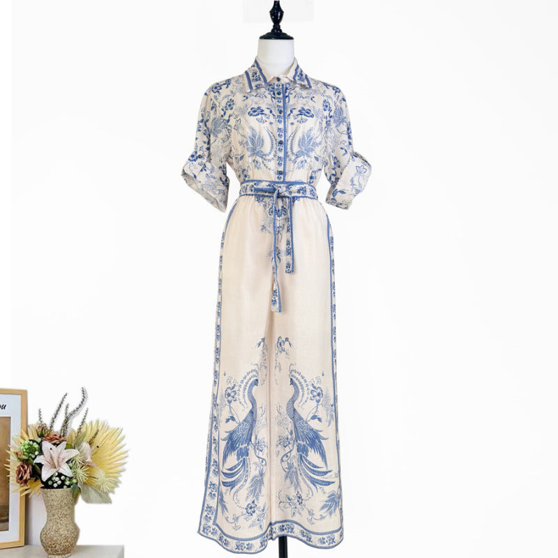 Australian Niche Printing Geometric Pattern Shirt and Wide Leg Trousers Suit