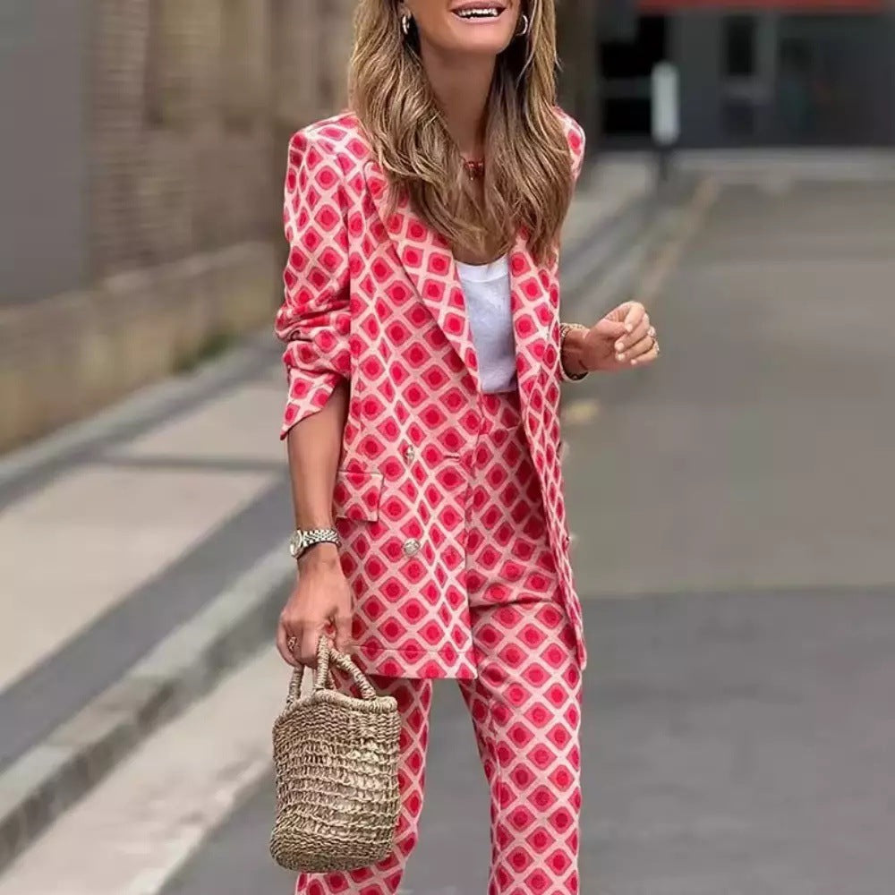 Women's Digital Print Long-Sleeve Cardigan & Trousers Suit