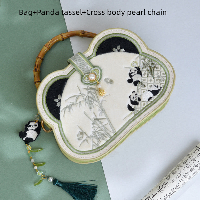 Sac bandoulière brodé Panda en PU de style Han avec pompon et chaîne de perles