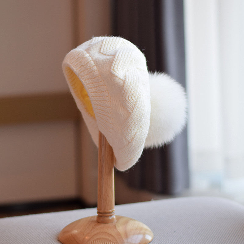 Bonnet en laine tricotée pour femme avec pompon en fourrure de renard, automne-hiver, taille M (56-58 cm)