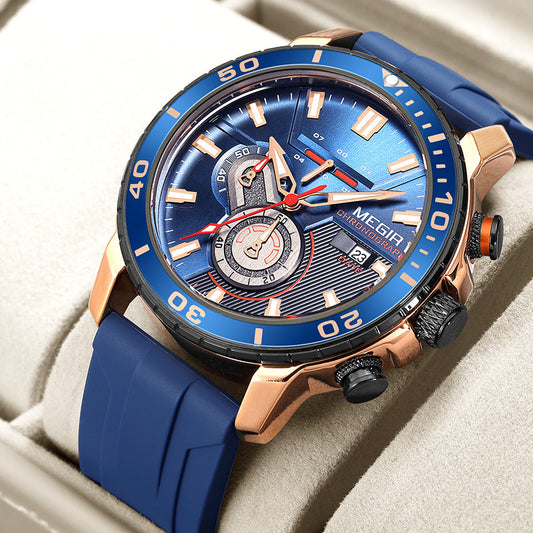ساعة ميغير متعددة الوظائف وعصرية للرجال، مزودة بسوار من السيليكون، ووظيفة كرونوغراف رياضية.