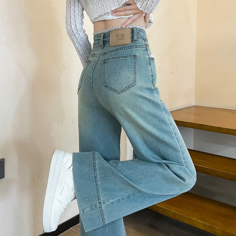 Jean large taille haute en dentelle pour femme