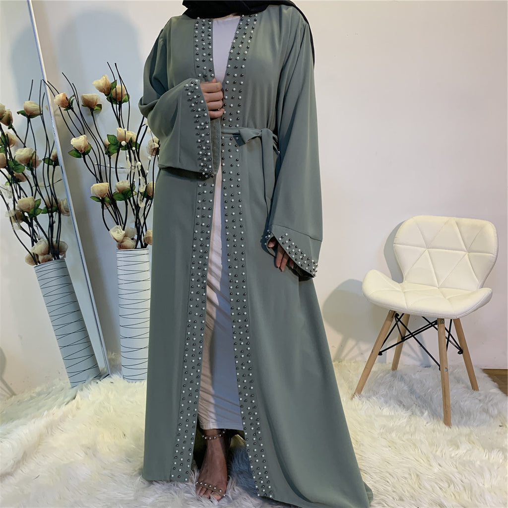 Beaded Lace-Up Cardigan Robe for Middle Eastern Women in Ice Silk