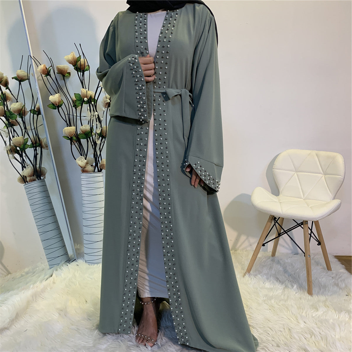 Beaded Lace-Up Cardigan Robe for Middle Eastern Women in Ice Silk