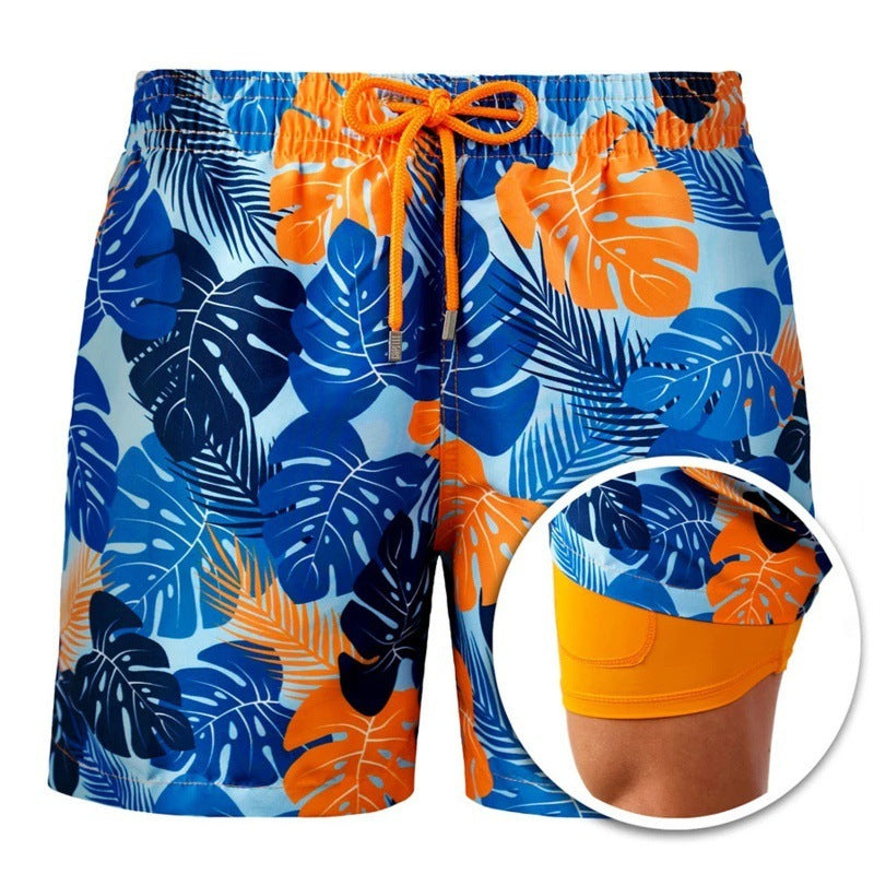 Men's Printed British Stripe Beach Shorts Double Layer Cotton Blend