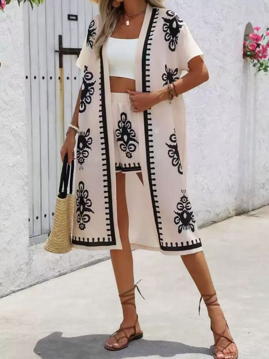 كارديجان نسائي طويل مطبوع بتصميم عرقي كاجوال أنيق قديم