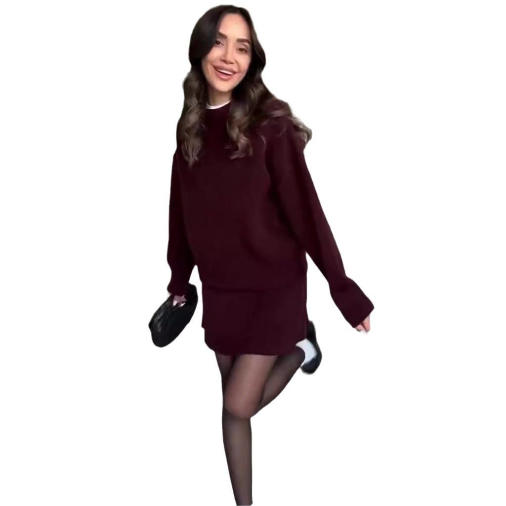 Ensemble 2 pièces tricoté pour femme : pull à manches longues et mini-jupe taille haute