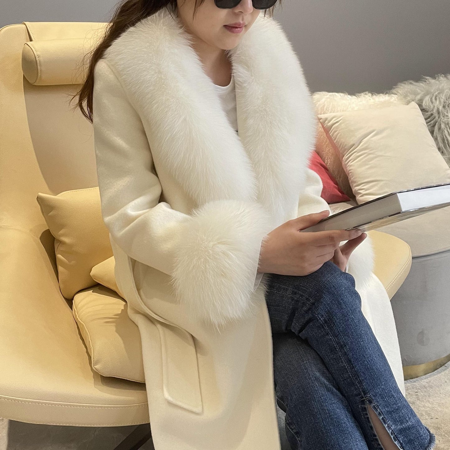 Fox Fur Detachable Collar Double-Sided Green Fruit Coat